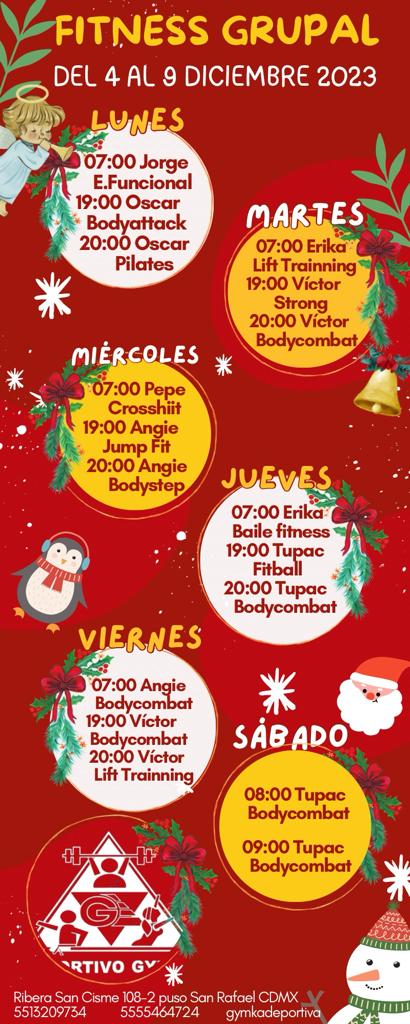 GYMKADEPORTIVA's tweet photo. Horarios Fitness Grupal del 04 al 09 Diciem del 2023

#fit #CDMX #smallgrouptraining #fitness #fitnessmotivation #saludybienestar #saludables #lesmillstribe  #fitnesspro #fitnessgirl #lessmills #bodystep
#bodycombat #bodyattack https://t.co/NrgjQHZsuS