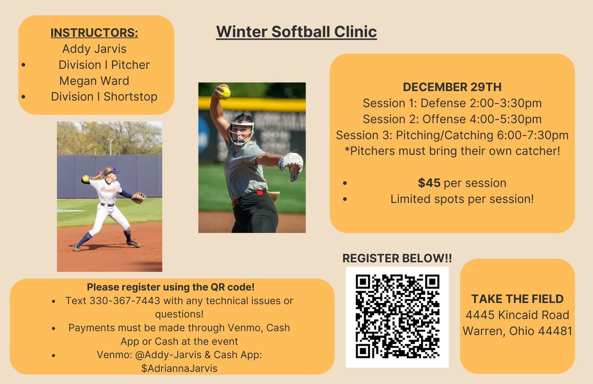 Addy Jarvis and I are hosting a Winter Softball Clinic on December 29th! Instruction will include defense, offense and pitching/catching. Please reach out with any questions. Feel free to share!

Sign up with the QR code or with the link below!
forms.gle/UkzR8T6xjAFTE6…