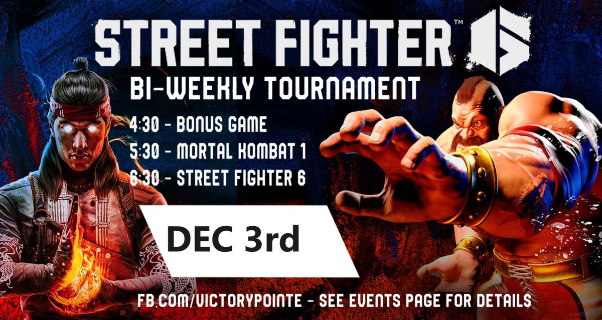 Pittsburgh FGC Bi-weekly tournament #12 will take place TODAY at Victory Pointe arcade.

Doors open at 4pm
Mystery tournament starts at 4:30~5pm
Mortal Kombat 1 tournament starts at 5:30pm
Street Fighter 6 tournament starts at 6:30pm

Will be streamed by me. Reg ⛓️⬇️
