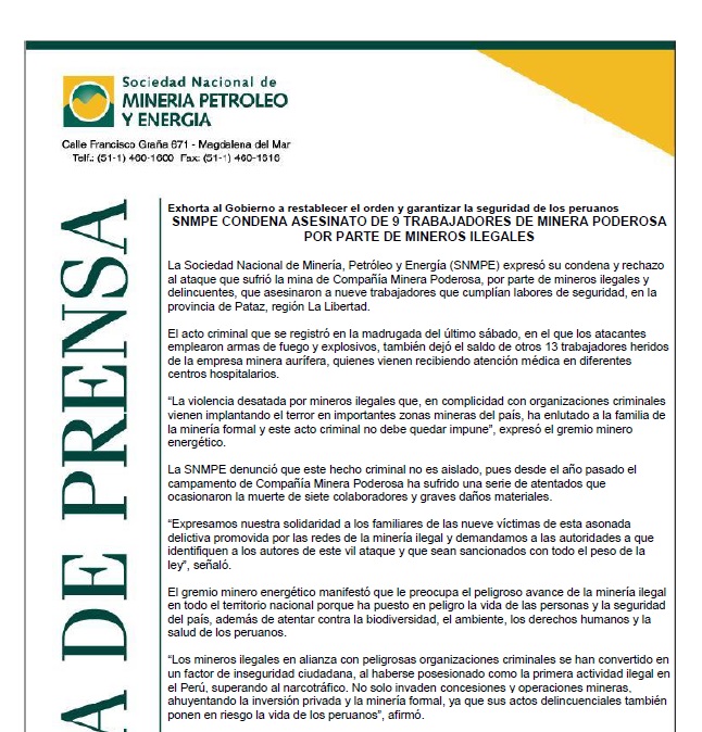 📷 [Nota de prensa] SNMPE condena asesinato de 9 trabajadores de Minera Poderosa por parte de mineros ilegales.
bit.ly/413V5SU