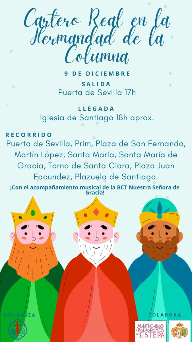 📌ACTUALIDAD| 𝐂𝐀𝐑𝐓𝐄𝐑𝐎 𝐑𝐄𝐀𝐋

El cartero real llega a la Hermandad de la Columna con su cortejo a caballo. 

📅 Sábado 9 de diciembre
🕗Salida 17h en la Puerta de Sevilla
🕗Llegada 18 aprox a la iglesia de Santiago