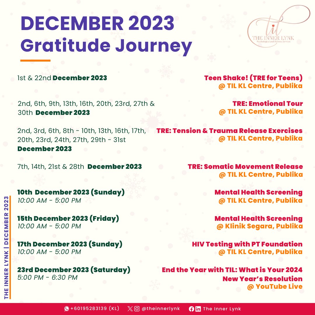 TheInnerLynk's tweet photo. [DECEMBER 2023] Check out our activities for this month! We will update regularly for each event, as usual. Save it for later and follow us for more mental health tips! #mentalhealth #mentalhealthmatters #theinnerlynk #til #gratitude #selflove #selflovejourney #gratitudejourney https://t.co/D2Qt32p0SR