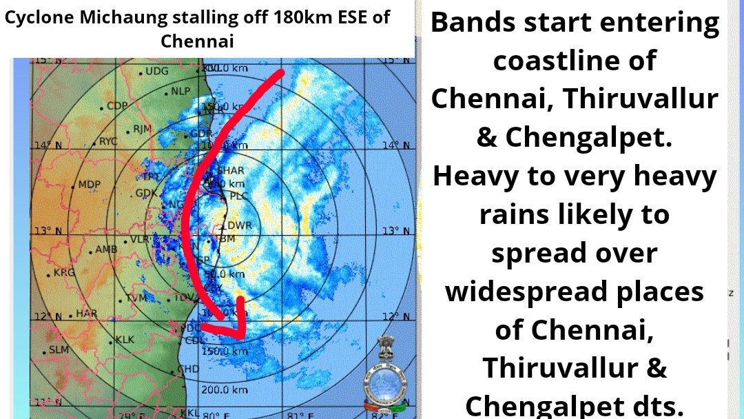 Cyclonic storm Michaung stalling off 190 kms ESE of #Chennai coasts. Intense western quadrant starts falling over coastline of Chennai. Rainfall intensity likely to pick up in coming hours. #Stayindoors  #CycloneMichaung #KTCC #Extremerainalert