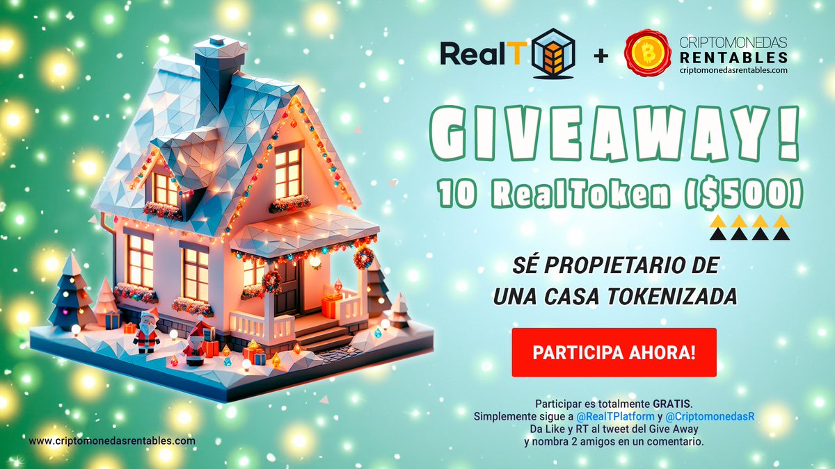 CriptomonedasR's tweet image. 🏠#RealT #Giveaway $500 👌

😀Sé propietario de una Casa Tokenizada en USA

Para participar:

1⃣ Seguir @RealTPlatform y @CriptomonedasR
2⃣ RT y ♥
3⃣ Tag 2 amigos

🏡¡Hay 10 #RealToken en Premios!🤪

⏰ Sólo tienes 48 hs!

#sorteo #gratis #airdrop #free #concurso #cryptotwitter