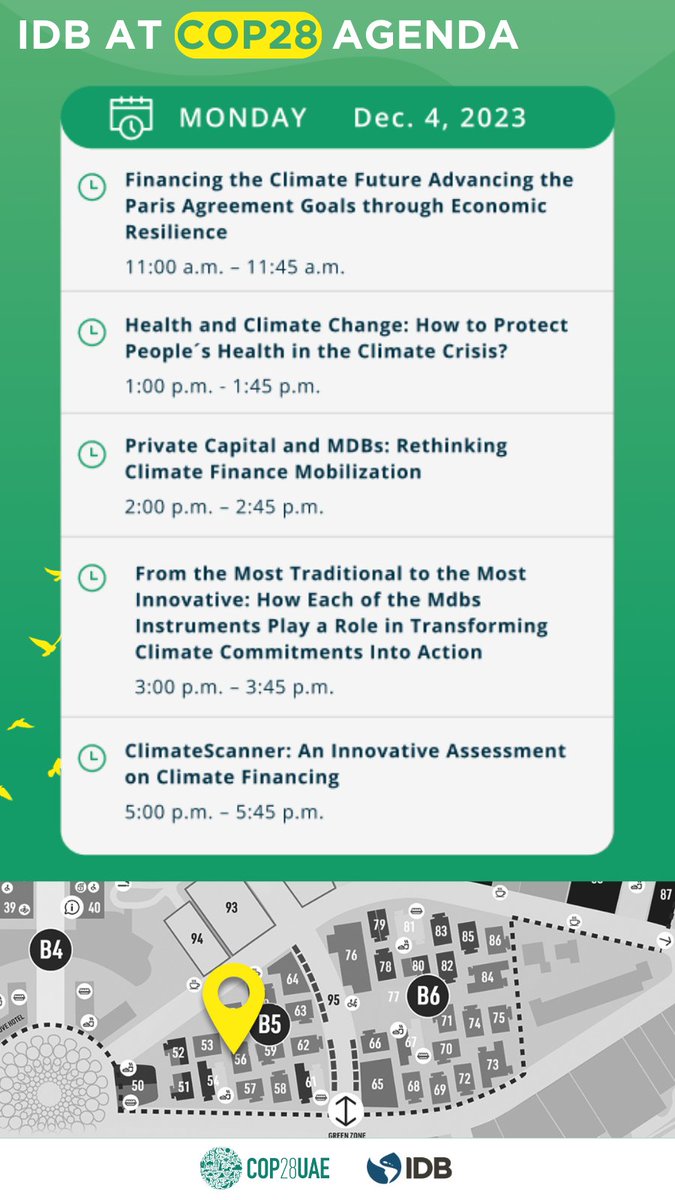 🌱Do not miss any of our events at the IDB Pavilion of the Americas at #COP28.

 📍 Blue Zone, B5, 56
 📅 Monday, December 4: bit.ly/3upuinK

You can catch the replay on our channels if you miss the live event. 

Stay tuned to receive our daily events agenda.🌿