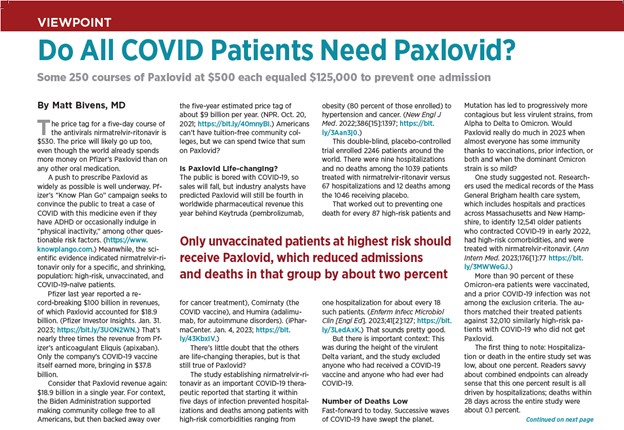 EMNews's tweet photo. The world spends more on Pfizer’s #Paxlovid than any other oral #medication. That’s good for @Pfizer profits.
But @matt_bivens says Paxlovid is unnecessary for most #patients, & only #unvaccinated #COVID19 pts at highest risk should receive it. https://t.co/8vQidLM2AC #FOAMid https://t.co/DIQ7BnRFh2