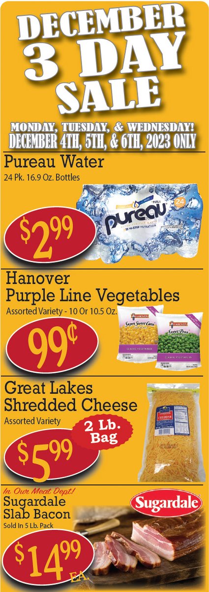 sparklemarkets's tweet photo. Our December 3 Day Sale starts tomorrow! It may be chilly outside, but these items are HOT! 🔥 Get Pureau water, 5 Lb. packs of Sugardale slab bacon, Sugardale hams, whole boneless ribeyes and more! Start prepping for the holiday!
*not valid at Ohio Valley and Andover locations https://t.co/4XWSCkxD1U