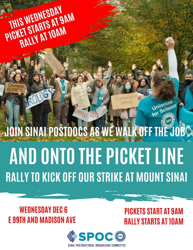 Sinai Postdoctoral Organizing Committee-UAW (@spocuaw) on Twitter photo Our strike <a href="/IcahnMountSinai/">Icahn School of Medicine at Mount Sinai</a> begins in 3 days! The picket line starts at 9 am, followed by our Kick-Off Rally at E 99th and Madison Ave at 10 am, featuring NYC elected and community allies. Please join us if you can! ✊ Our strike <a href="/IcahnMountSinai/">Icahn School of Medicine at Mount Sinai</a> begins in 3 days! The picket line starts at 9 am, followed by our Kick-Off Rally at E 99th and Madison Ave at 10 am, featuring NYC elected and community allies. Please join us if you can! ✊