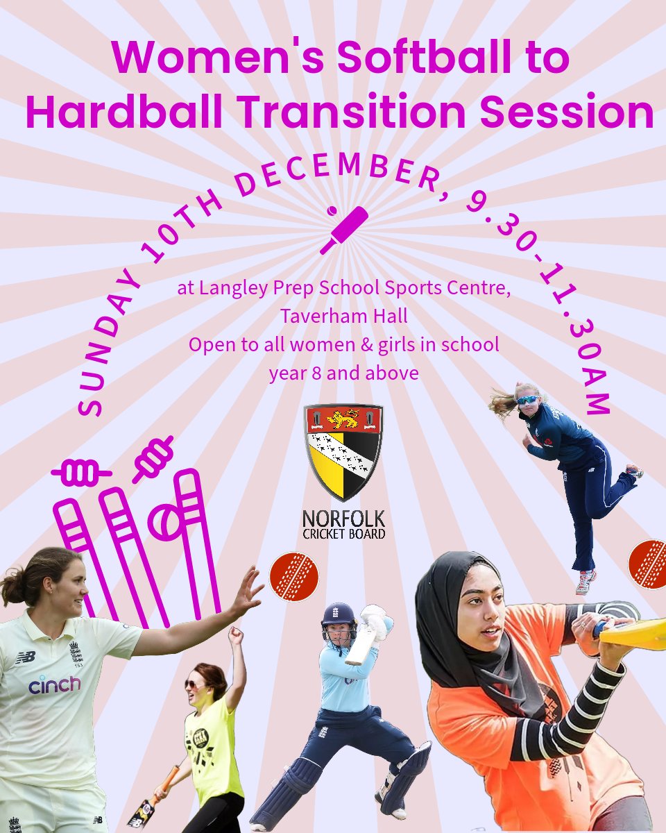 NorfolkCBWandG's tweet photo. 📢NEXT SUNDAY!!📢

👩Women's softball to hardball transition session. Open to all women and girls (yr 8 &amp; above) and any women's coaches
🗓️Sun 10th Dec
🕤9.30am
📍Langley Prep School Sports Centre
💵FREE

Final few spaces available. Use the link to book: https://t.co/tXB6GiL2s1 https://t.co/M2oBluXgTz