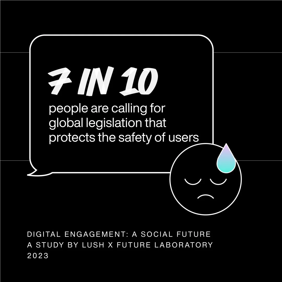 7 in 10 people are calling for global legislation that protects the safety of users. 

DIGITAL ENGAGEMENT: A SOCIAL FUTURE A STUDY BY LUSH X FUTURE LABORATORY 2023