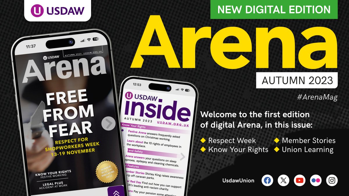 UsdawUnion's tweet photo. Check out the first ever fully-digital edition of our award winning #ArenaMag - a must-read for all Usdaw members: https://t.co/J9m5JE8GI2 https://t.co/1XUeYVxjBP