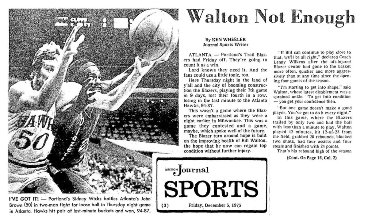 77Blazers's tweet photo. Dec 4 1975 - #BillWalton scores 24 pts &amp; grabs 20 rebs in @trailblazers  loss to @ATLHawks. It his 2nd 20/20 game of his career.
#JohnDrew led #Hawks w/23 pts while #TomHenderson scored 20, including 2 FG late in 4th qtr to secure the win.

#RipCity https://t.co/uM7NeRBfQn