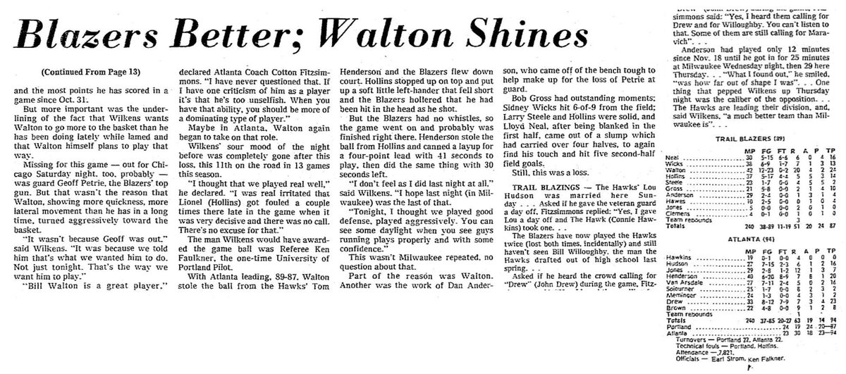 77Blazers's tweet photo. Dec 4 1975 - #BillWalton scores 24 pts &amp; grabs 20 rebs in @trailblazers  loss to @ATLHawks. It his 2nd 20/20 game of his career.
#JohnDrew led #Hawks w/23 pts while #TomHenderson scored 20, including 2 FG late in 4th qtr to secure the win.

#RipCity https://t.co/uM7NeRBfQn