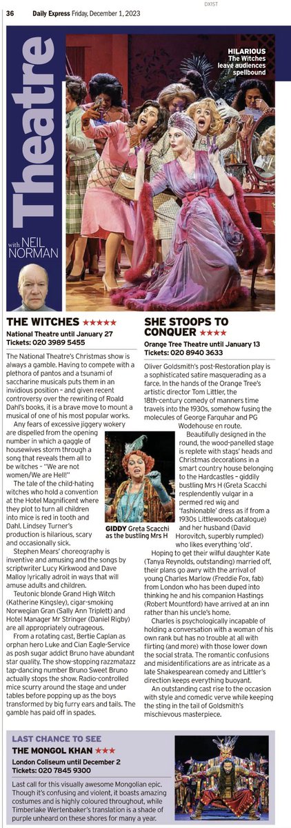 NJStreitberger's tweet photo. OK, a bit late this week due to a trip to Venice. But here's Friday's theatre column that looks at #thewitches @NationalTheatre (they'll put a spell on you), #shestoopstoconquer @OrangeTreeThtr (up-era'd to 1930) and #TheMongolKhan at the London Coliseum. https://t.co/2ui1ZZGh9E