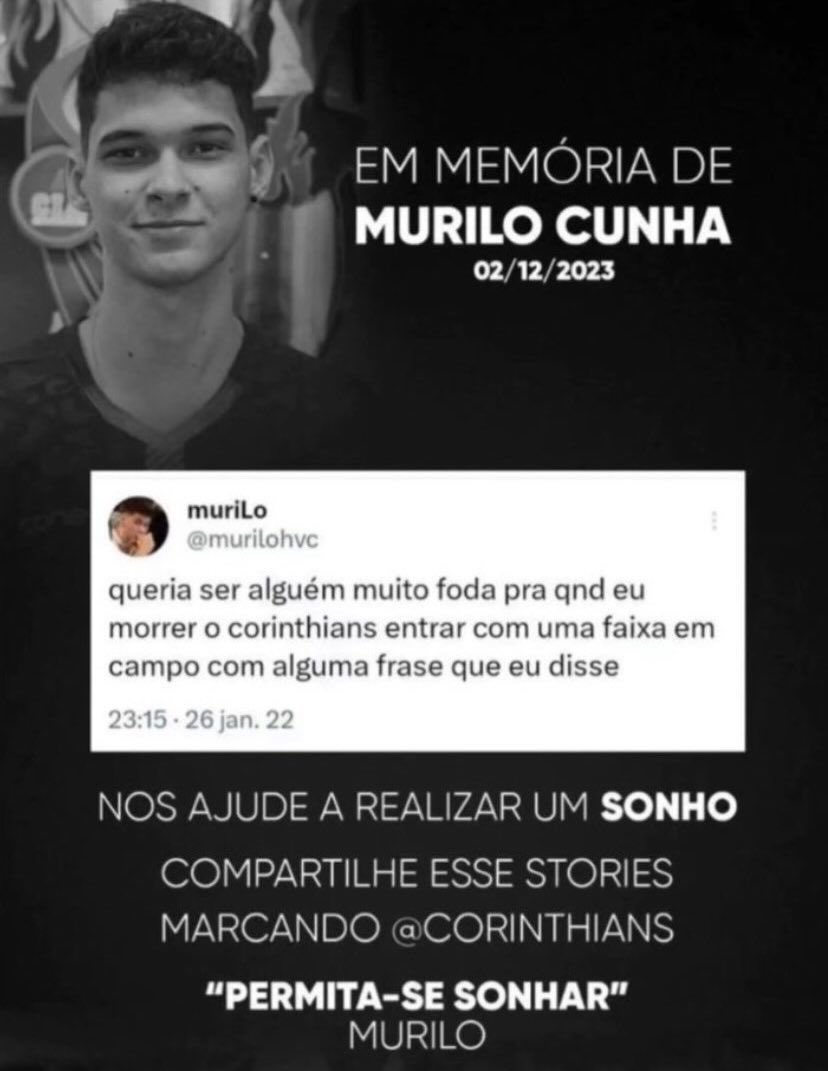 _sccpnews's tweet photo. “Permita-se sonhar”

Nossos mais sinceros sentimentos aos familiares e amigos de Murilo Cunha, corinthiano de 19 anos, que faleceu ontem após um mal súbito.

Desejamos que todos possam encontrar paz e conforto neste momento difícil e doloroso, independentemente da fé em que acreditam.

Saibam que faremos o possível para que o sonho dele seja realizado.

Quando um de nós parte, todos sentimos.

Abraços de toda a Equipe SCCP News. 🖤
