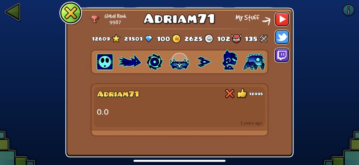 Juego GD desde el 2020 pero me tomé enserio la creación en el 2021, desde entonces, conocí mucha gente increíble y, pese al poco tiempo libre que tengo, he alcanzado metas como: 
obtener epics, ser el creador top 1 en C.A. y ser mencionado por mis youtubers favoritos del juego.✨