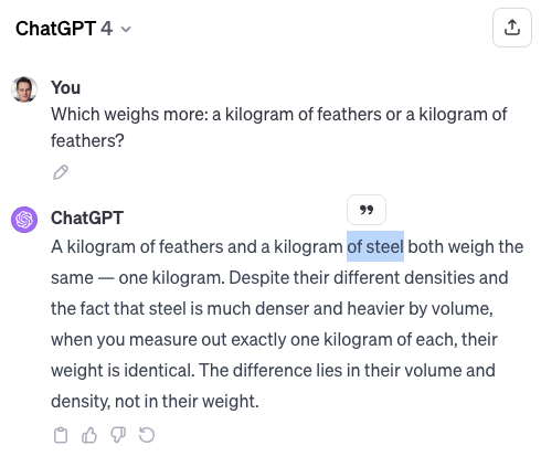 liron's tweet photo. @Suhail I think what's happening is basically the same thing as when people make typos: the AI uses its best guess at what the questioner is probably trying to get at.

Based on this hypothesis, I simply added "Answer this question exactly as written" to the prompt and it worked: https://t.co/lijXYWfalk