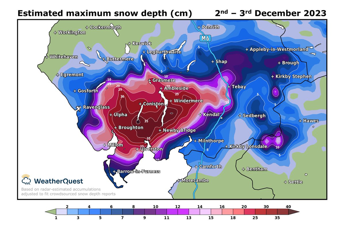 Thank you to everyone who has submitted snow depth reports over the weekend to weatherquest.co.uk/snowdepth/map ❄️ Here's a closer look at the extraordinary snowfall event in Cumbria, based on a blend of submitted reports and radar estimates — some locations received well over 30cm!
