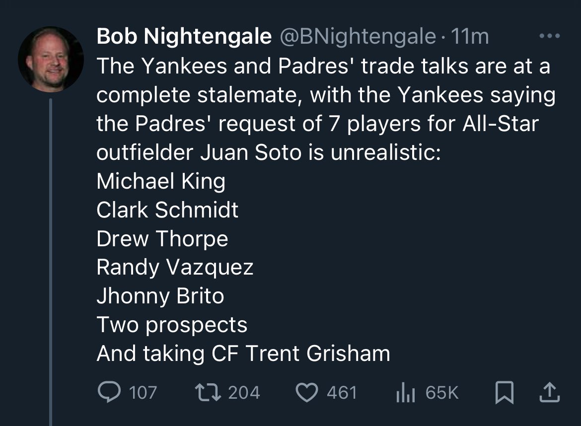 BaseballWRLD_'s tweet photo. If the Padres don’t budge on this asking price then I won’t even blame the Yankees for not ending up with Soto, this is insane https://t.co/1gy1s9WzfV