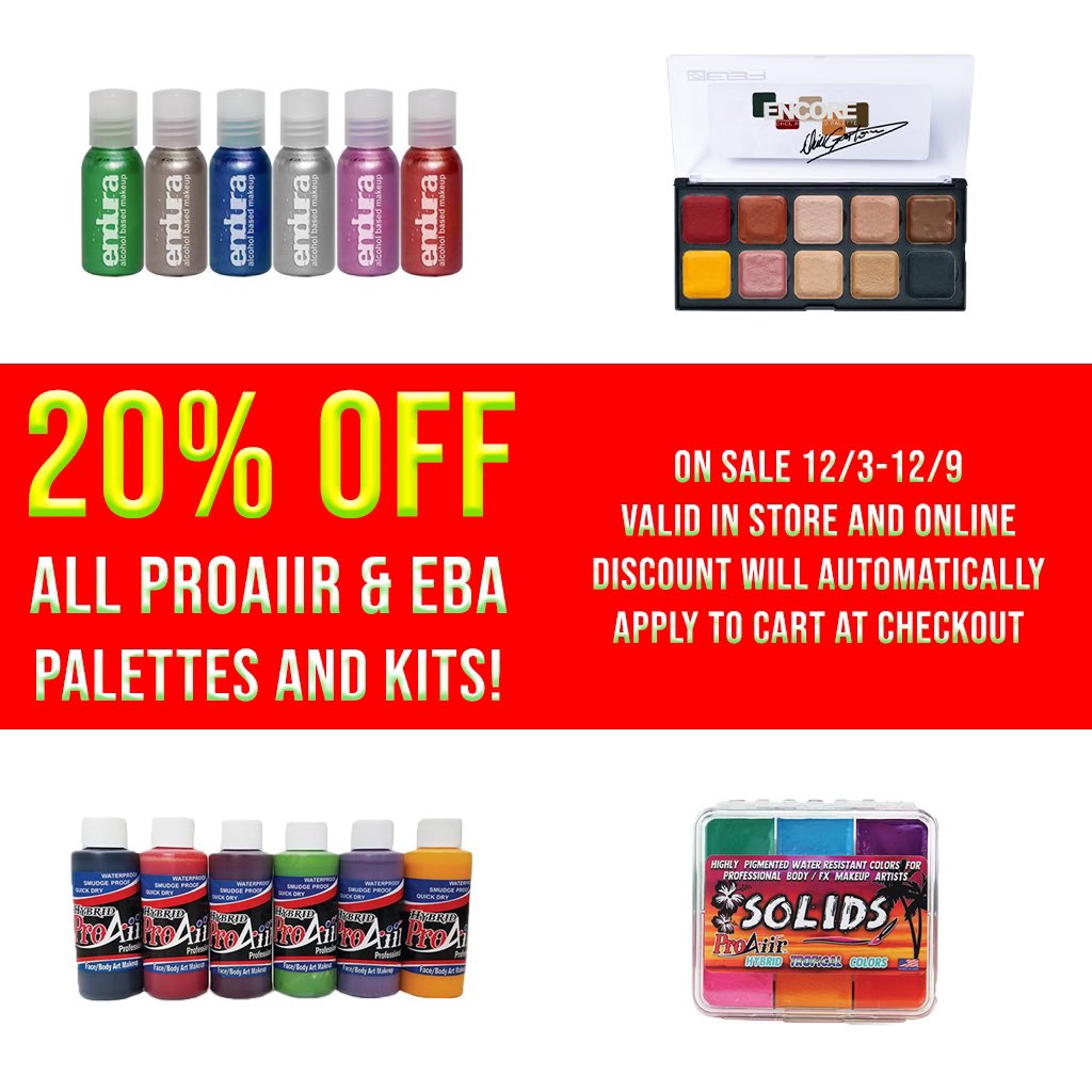 From 12/3-12/9 take 20% off all #EuropeanBodyArt Kits and Palettes also #Proaiir Kits and Palletes. So many premade palettes and kits to choose from, and at a great deal even Santa can’t pass up! Stop in the store or shop online while the selection is great! 🎅🏼 #EmbellishFX #Sale