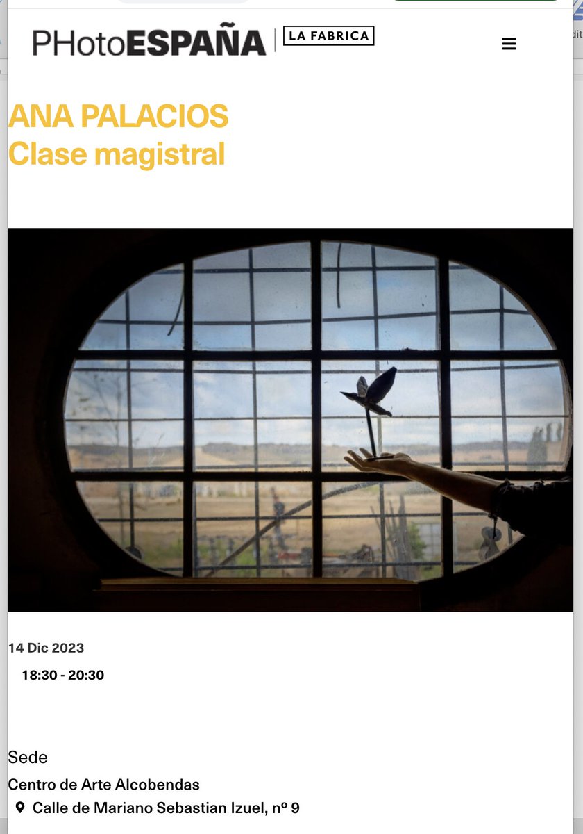 Mañana, jueves, 14 de diciembre a las 18h, estáis invitados a mi charla en el <a href="/PICAAlcobendas/">PIC.A. Escuela Internacional de Fotografía</a>, la Escuela Internacional de Fotografía de mano de <a href="/photoespana/">PHotoESPAÑA</a>.

Gracias por contar conmigo para cerrar el año.

phe.es/photoespana/cl…
