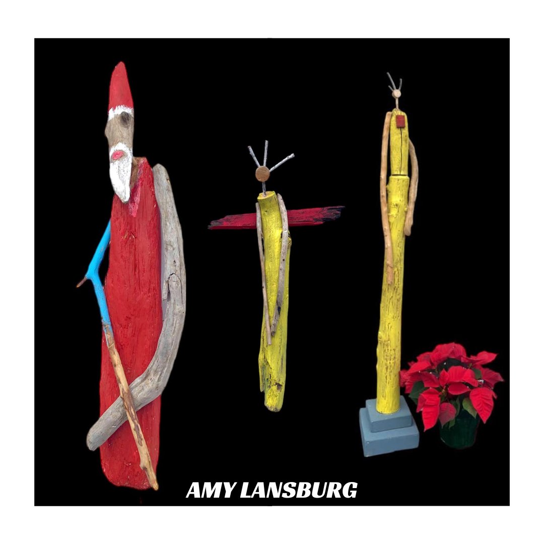 Amy Lansburg collects driftwood from Lake Superior and transforms the branches and twigs into bright and jolly characters. Check out her Facebook page holiday sale! facebook.com/AmyLansburgArt