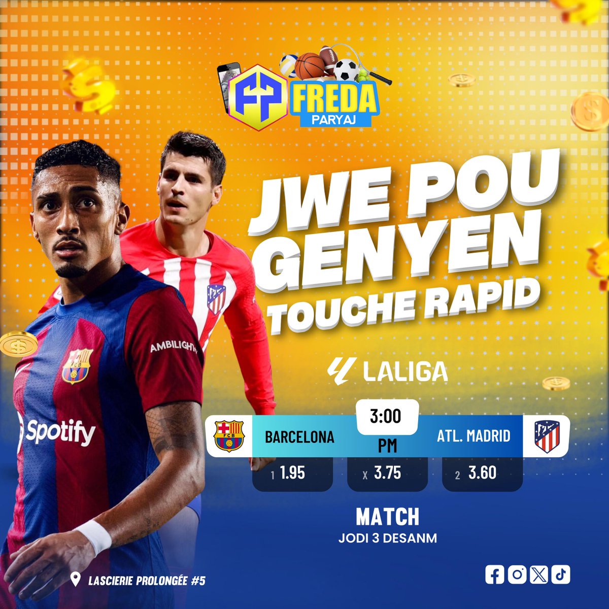 Fredaparyaj's tweet photo. Bonjou,ak match jodi 3 Desanb 2023 a ou ka gen chans pou fè milyon! lè w’ap parye sou ekip paw la! Ki ekip ou panse ki pral sòti venkè jodi a? 🔥

 #matchjodiya #fredaparyaj #jwepougenyentoucherapid https://t.co/YJjXoVXwat