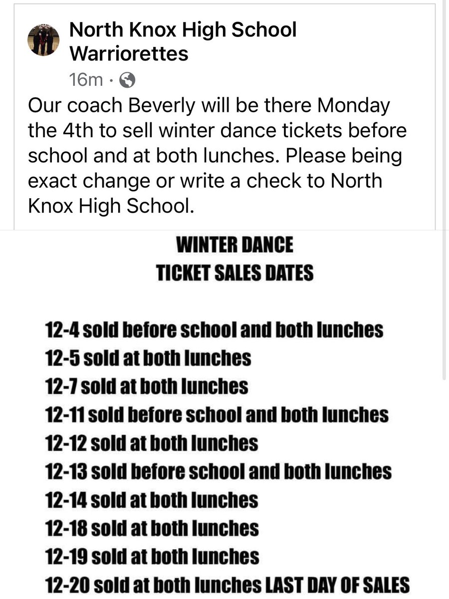 BeverlyJ95's tweet photo. Please share! Bring exact change or makes checks payable to North Knox High School. Tickets are $15 each. Please do NOT make checks out to the Warriorettes or to me. We can not take them. https://t.co/GA8s6OtBTG