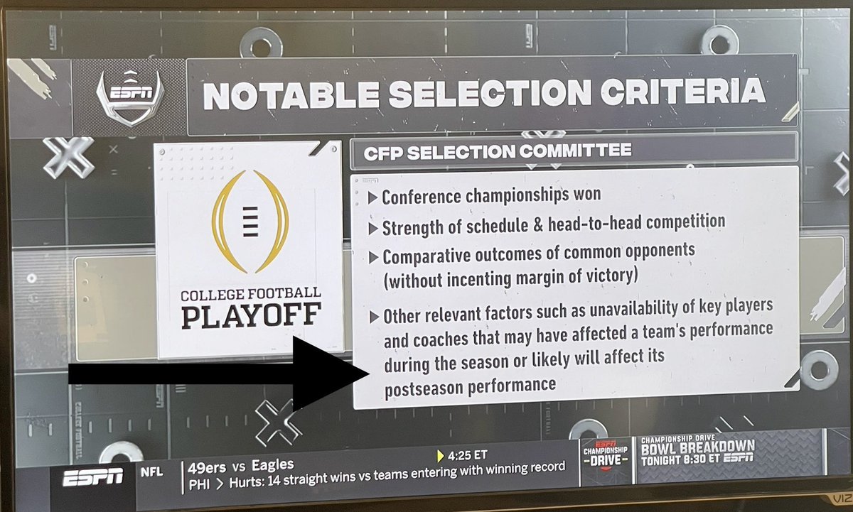 As we wait for this announcement to fill in the playoff bracket…it seems to me that the final criteria listed below with the arrow MIGHT be the “X factor” to remember. Can’t wait for an expansion because somebody’s heart is about to get broken today. 🏈 💔