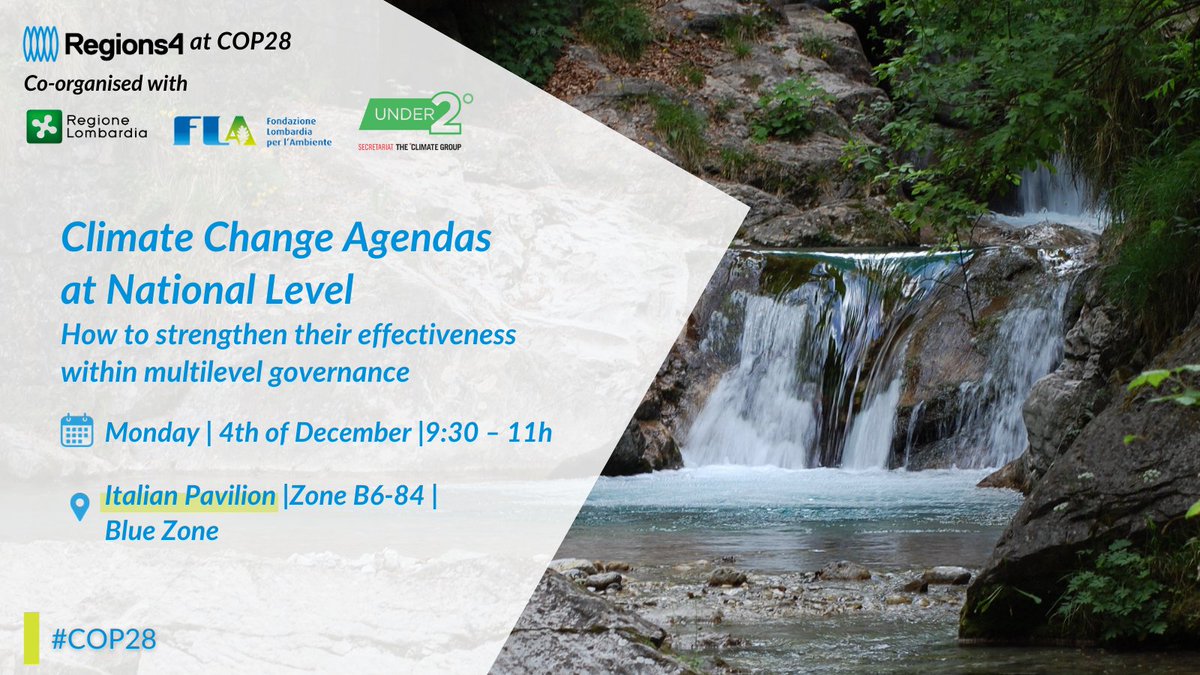 Regions4SD's tweet photo. 📣 Tomorrow at #COP28 Join us at the Regions4 and Lombardy Side Event "Climate Change Agendas at National Level" and learn about strengthening their effectiveness in multilevel governance.

🔗 Location: Pavilion Opportunity District, Ground Floor of Building OS07, Space Code OS07G1 Tier 2, Blue Zone.

💻 Live Streaming: https://t.co/ZI8tG8WEBH

🌐 Organized by @RegLombardia, Fondazione Lombardia per l’Ambiente, #Regions4, and #Under2Coalition.

🗣️ Topic: Climate Change National Frameworks - Definition & implementation of NDCs and NAPs at the subnational level.

🤝 Explore successful policies, instruments, and collaborative efforts at both national and sub-national levels.

#ClimateAction #COP28Dubai #MultilevelGovernance