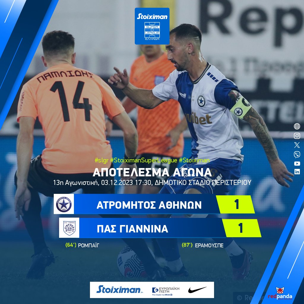 Super_League_GR's tweet photo. Αποτέλεσμα αγώνα: Ατρόμητος Αθηνών-ΠΑΣ Γιάννινα 1-1

➡️ https://t.co/dQkpx45MB6

#slgr #StoiximanSuperLeague #matchday13 #atrpas #Atromitosfc #PASGiannina #Stoiximan #Football https://t.co/AGr0AJ4eeZ