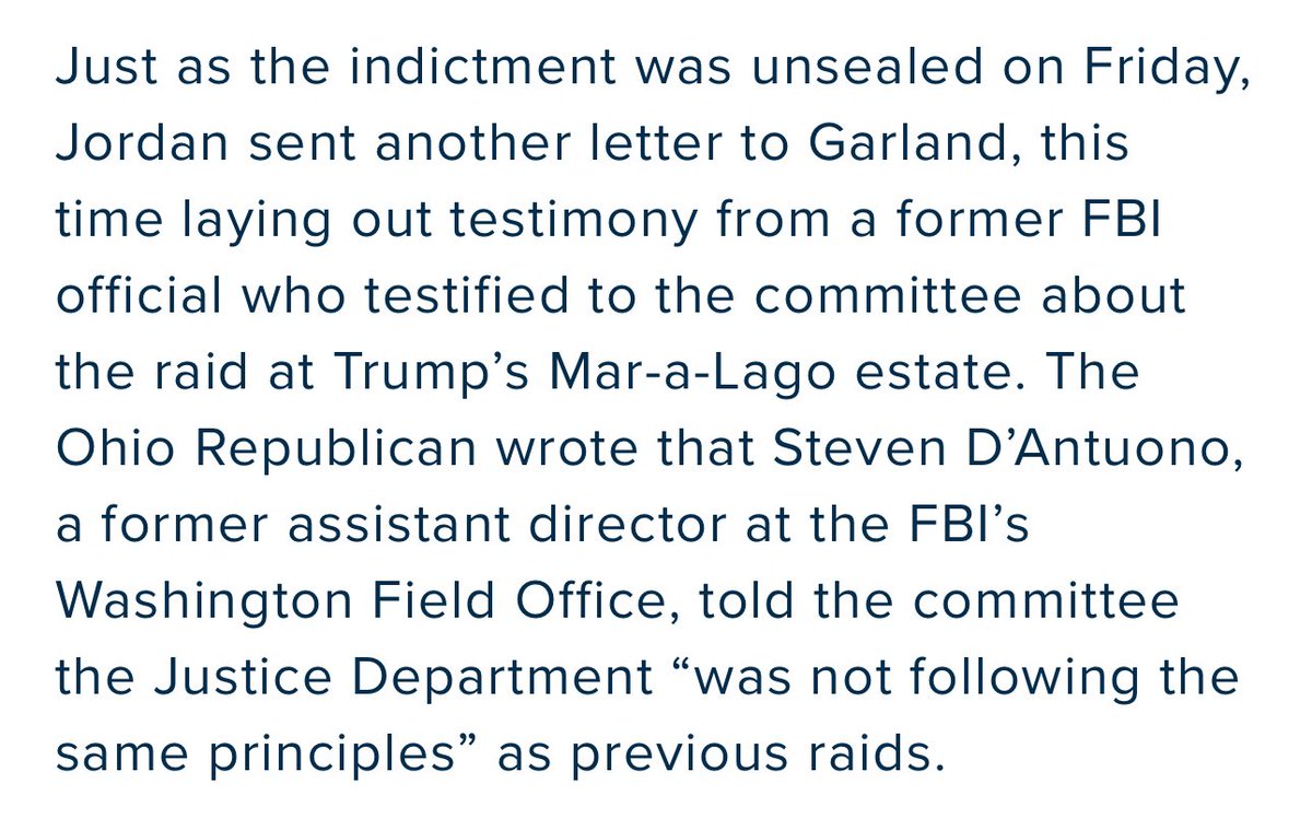 According to sources, JP Cooney, who is now on Jack Smith’s team, wanted to investigate Trump’s orbit including Roger Stone as early as February 2021, but D’antuono at the FBI (a Jim Jordan ally & the guy who delayed the Mar a Lago search warrant) blocked it. 2/