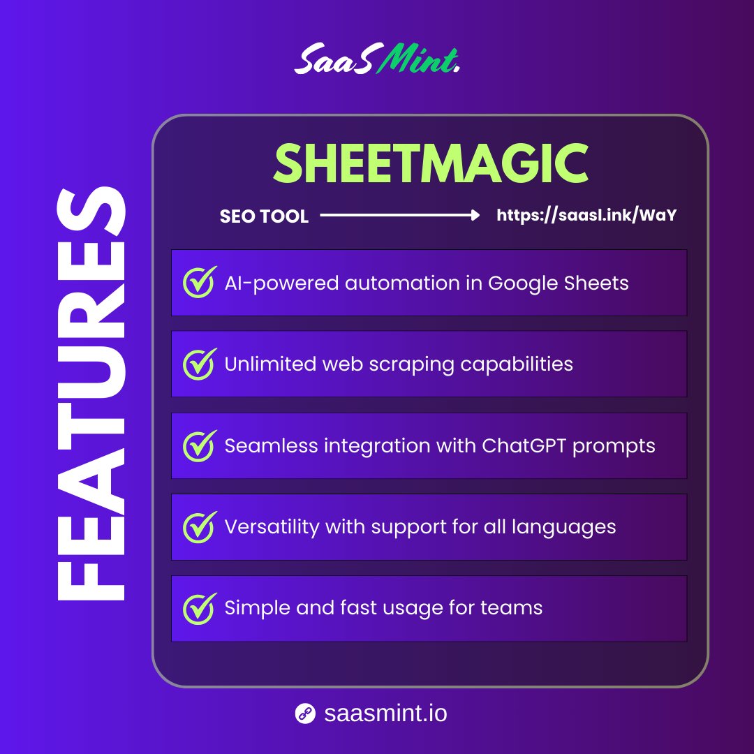 SaasMint's tweet photo. Supercharge your Google Sheets with SheetMagic's AI-powered automation and unlimited web scraping.
#SheetMagic #AI #ArtificialIntelligence #WebScraping #GoogleSheets #SaaSMint https://t.co/gNF6K7xjid