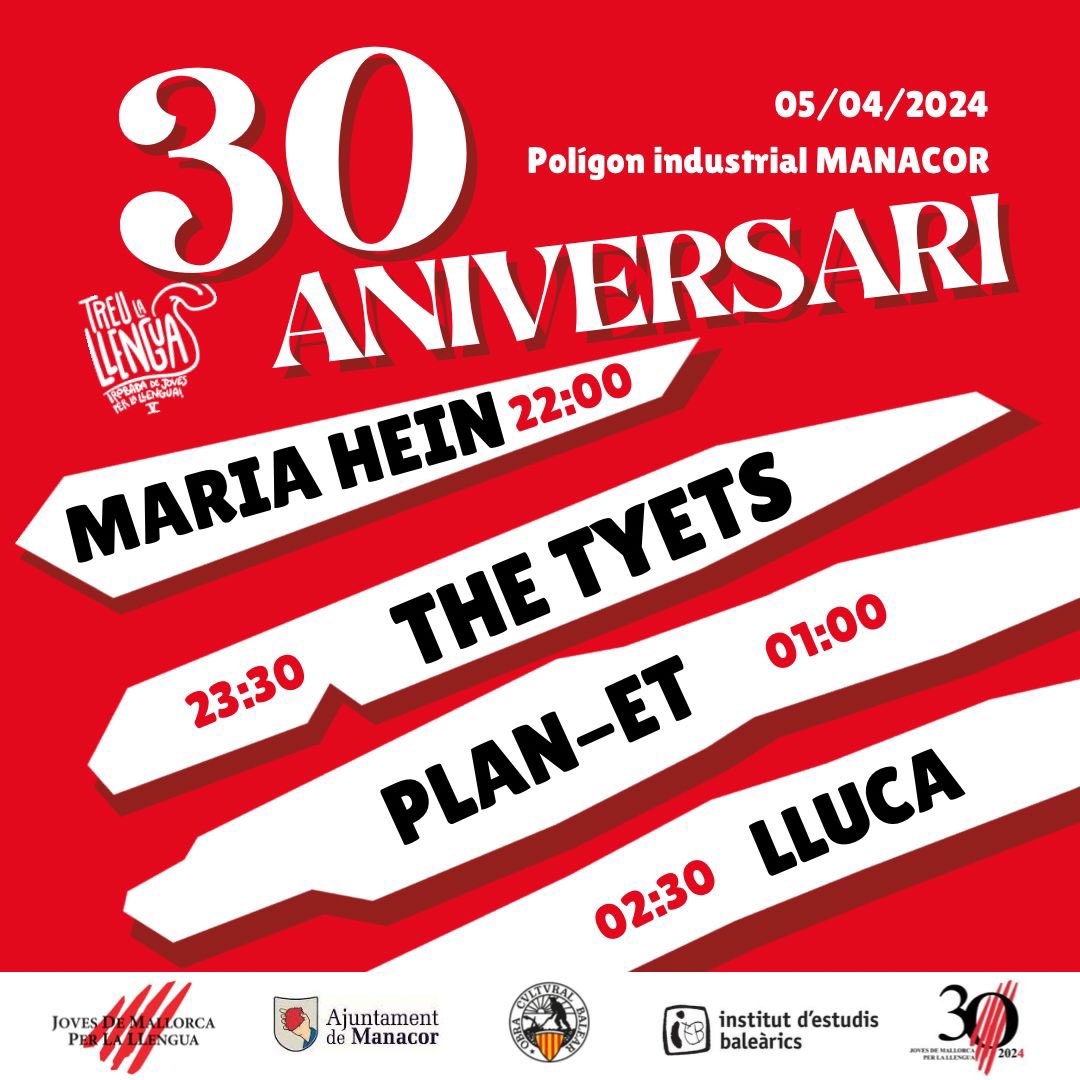 JovesLlengua's tweet photo. Aquí teniu el cartell del concert del 30è aniversari de la nostra entitat!❤️ Aquest 2024 Joves de Mallorca per la Llengua fa 30 anys i ho celebrarem amb aquesta gran festa ! 🙌

Molt aviat vos informarem de com podeu adquirir l'entrada! 🎫

Molts d'anys i fins aviat, Joves!❤️ https://t.co/hasi0JAaky