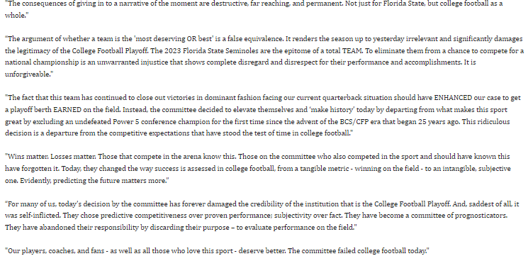 osmattmurschel's tweet photo. #FSU AD Michael Alford with some harsh words in a statement after the Seminoles were left out of the @CFBPlayoff. 

""Our players, coaches, and fans - as well as all those who love this sport - deserve better. The committee failed college football today." https://t.co/NTkFDB1Pto