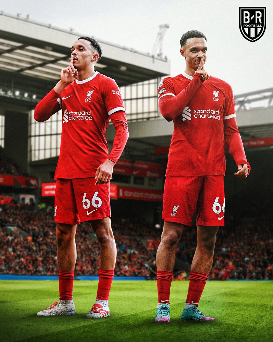 brfootball's tweet photo. Three big goals in his last two Premier League matches. 

Trent Alexander-Arnold keeps silencing the doubters 🤫 https://t.co/mSDeHNC1e7