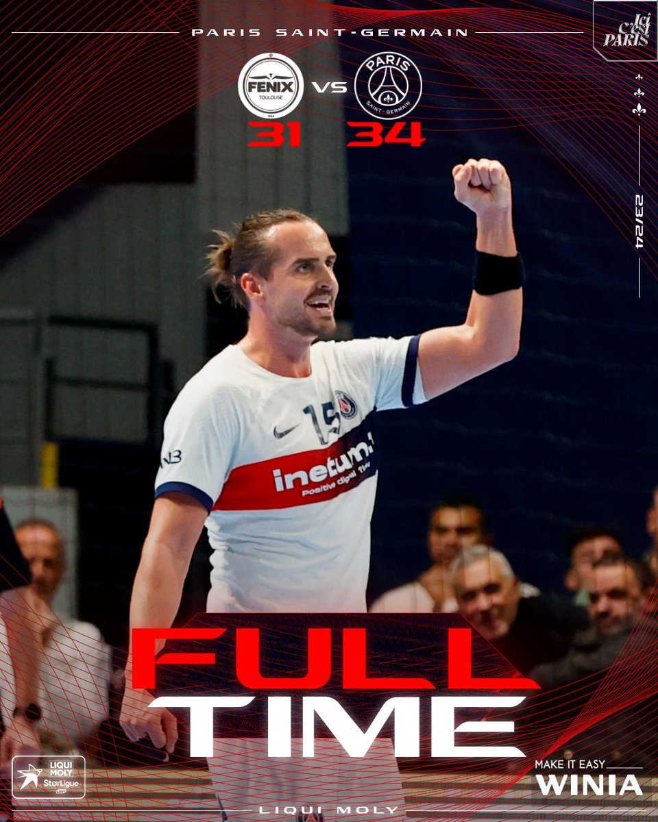psghand's tweet photo. 60' : C'est terminé ! Paris remporte une belle bataille à Toulouse et poursuit son parcours sans-faute en #LMS !
#Handball #Paris #PSG #PSGHand #Sport #LMS #Toulouse #Fenix #toupsg #winia https://t.co/rRzO1OqVyj