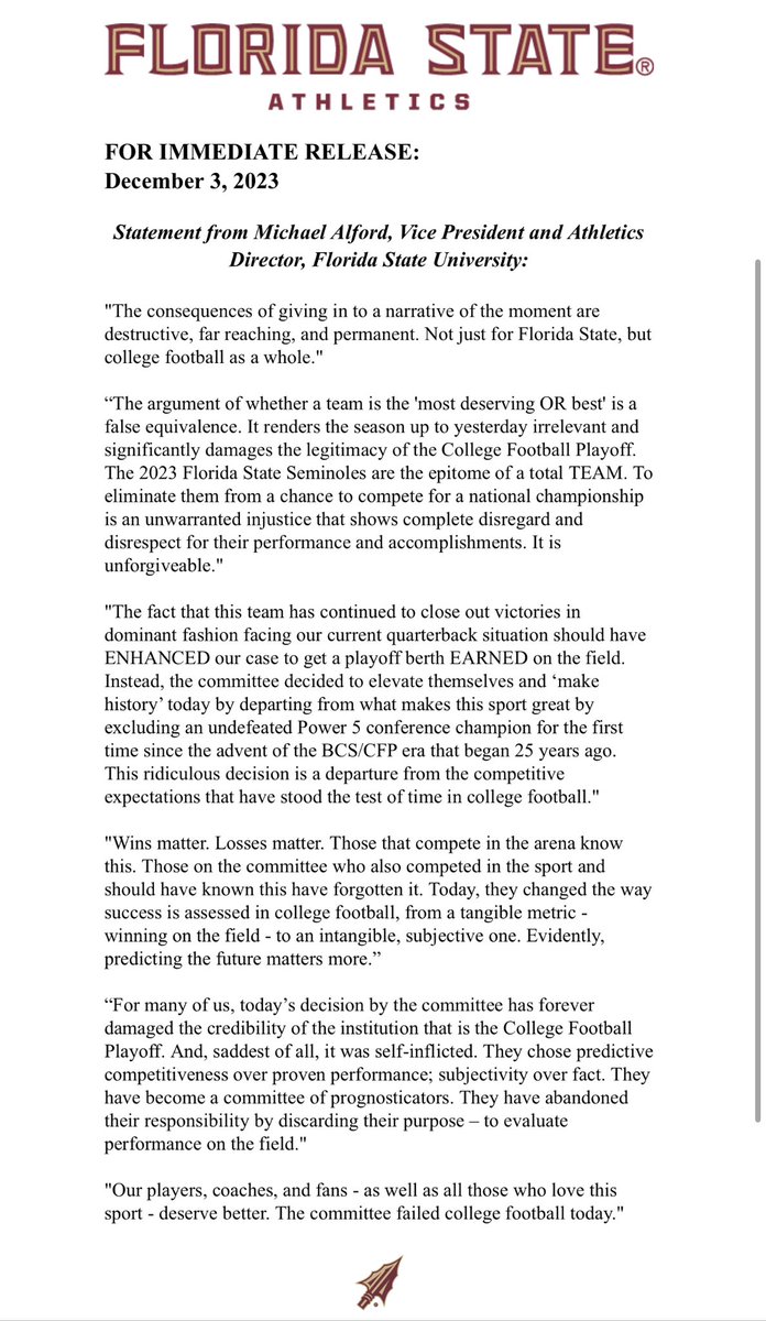 TJ Pittinger (@tj_pittinger) on Twitter photo "Our players, coaches, and fans - as well as all those who love this sport - deserve better. The committee failed college football today."
- <a href="/SeminoleAlford/">Michael Alford</a> "Our players, coaches, and fans - as well as all those who love this sport - deserve better. The committee failed college football today."
- <a href="/SeminoleAlford/">Michael Alford</a>