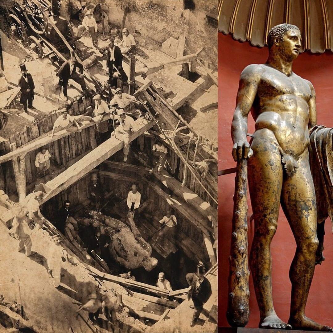 cmonica75's tweet image. Le moment où la gigantesque statue d&apos;Hercule de 4 mètres de haut de 2 000 ans a été découverte en 1864 et son état actuel.

#Hercules #Statue #discovered #ancient #historic #historical #history