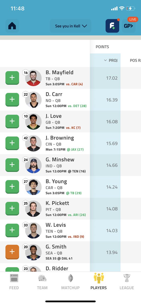 Karmatus's tweet photo. @FSSOSEQ Best QB to pick up, I have Lamar on bye. standard league. https://t.co/OH1iSmOqjn