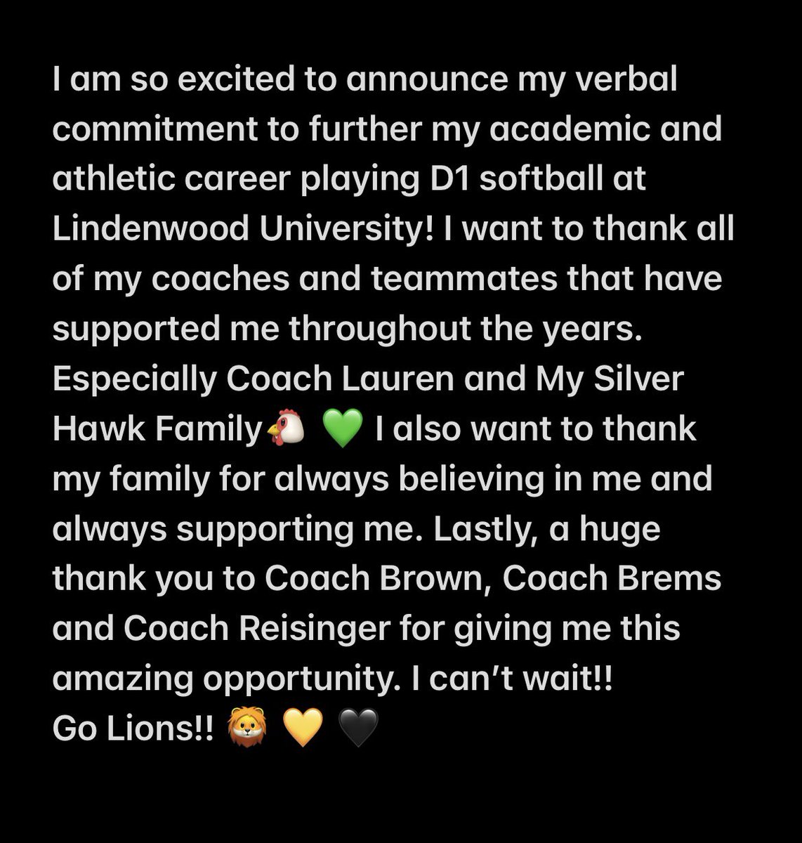 Ava Risum (@avarisum2025) on Twitter photo Excited for the next chapter🦁💛🖤
#InTheArena #GoLions <a href="/Coach_McNulty/">Lauren McNulty</a> <a href="/Reid_Huey/">Reid</a> <a href="/bigloon1/">Dan Magnus</a> <a href="/DennisonBrad/">Brad Dennison</a> <a href="/KrupKFastpitch/">Krup-K Fastpitch Softball</a> <a href="/LindenwoodSB/">Lindenwood Softball</a> Excited for the next chapter🦁💛🖤
#InTheArena #GoLions <a href="/Coach_McNulty/">Lauren McNulty</a> <a href="/Reid_Huey/">Reid</a> <a href="/bigloon1/">Dan Magnus</a> <a href="/DennisonBrad/">Brad Dennison</a> <a href="/KrupKFastpitch/">Krup-K Fastpitch Softball</a> <a href="/LindenwoodSB/">Lindenwood Softball</a>