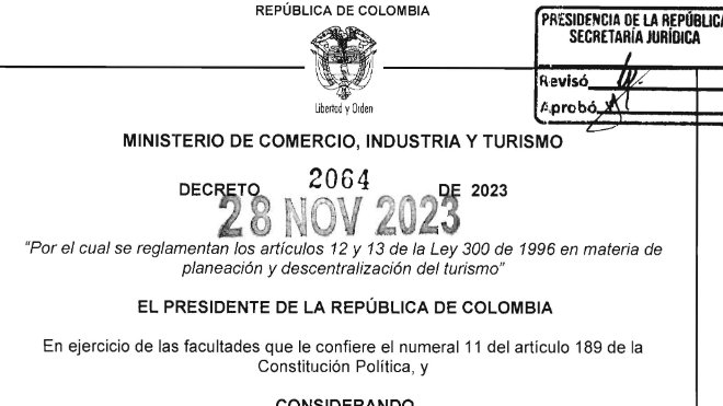 NormatividadCEL's tweet photo. Decreto 2064/2023 "Por el cual se reglamentan los artículos 12 y 13 de la Ley 300 de 1996 en materia de planeación y descentralización del turismo" https://t.co/b9azvFoL96 https://t.co/alV7UAxTy5
