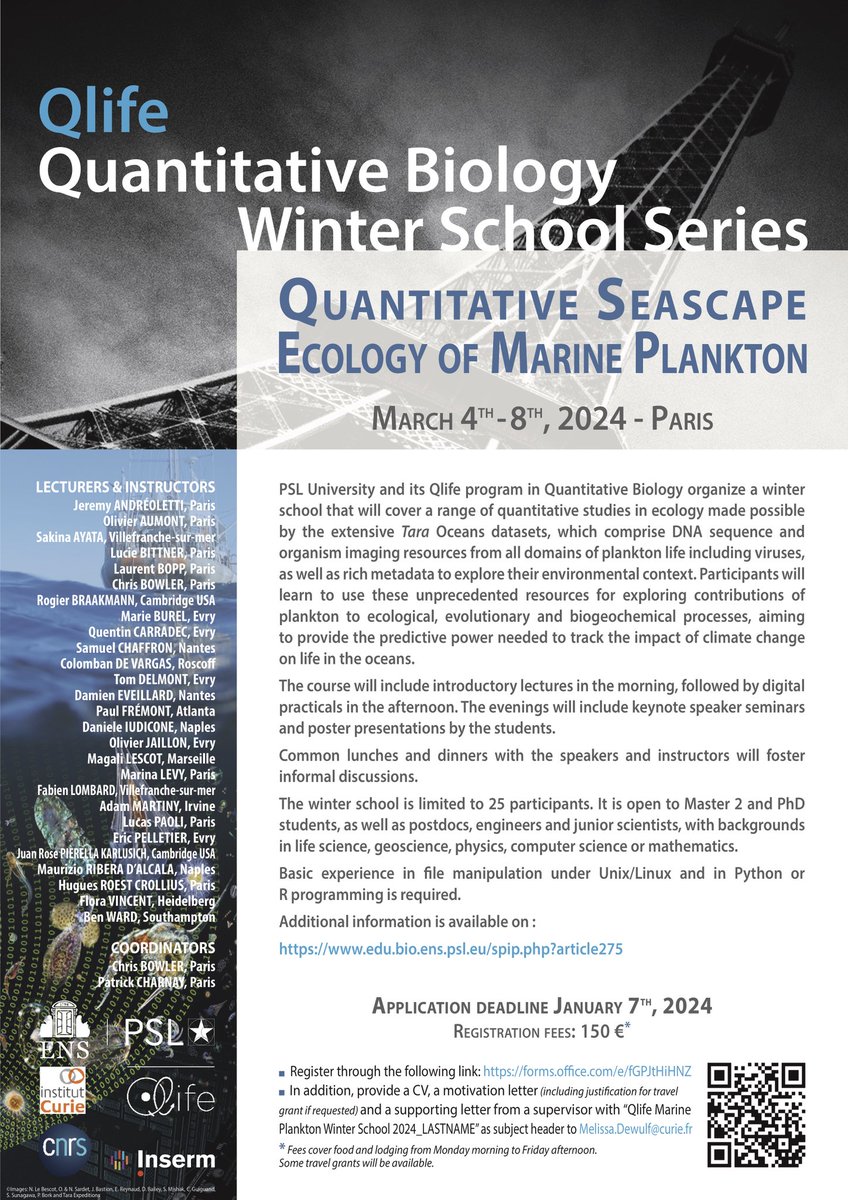 Come and apply to the Quantitative Seascape Ecology of Marine Plankton QLife winter school!
March 4th-8th
edu.bio.ens.psl.eu/spip.php?artic…
