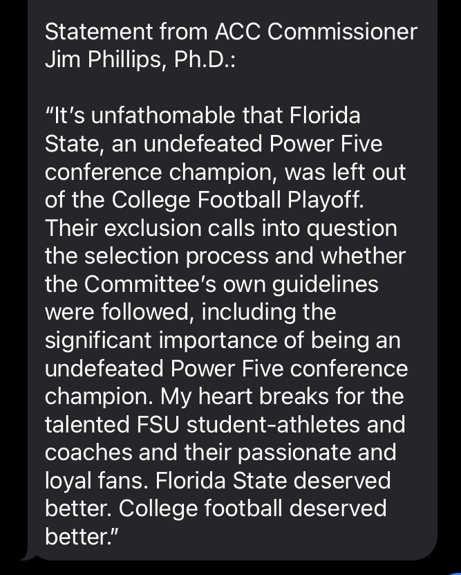 _andrewcarter's tweet photo. ACC Commissioner Jim Phillips calls it “unfathomable” that Florida State was left out. “Florida State deserved better. College football deserved better.” 

Statement from him: https://t.co/3BYozQOSog