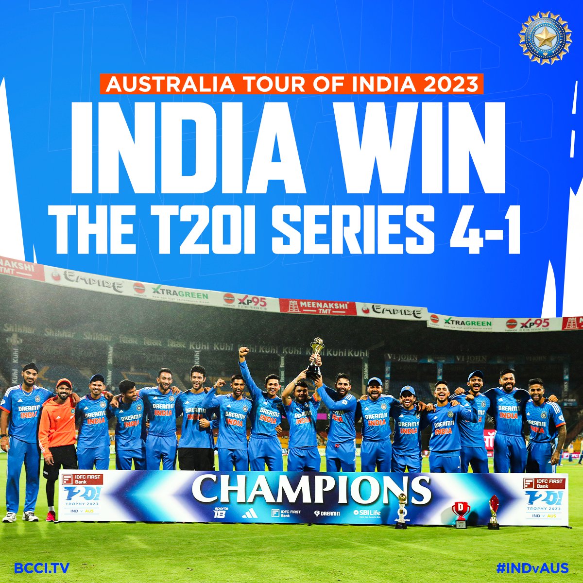 BCCI's tweet photo. 𝗪𝗜𝗡𝗡𝗘𝗥𝗦 👏

Congratulation to the Suryakumar Yadav-led unit on winning the #INDvAUS T20I series 4-1 🙌

#TeamIndia | @IDFCFIRSTBank https://t.co/IoLhgW1U0J