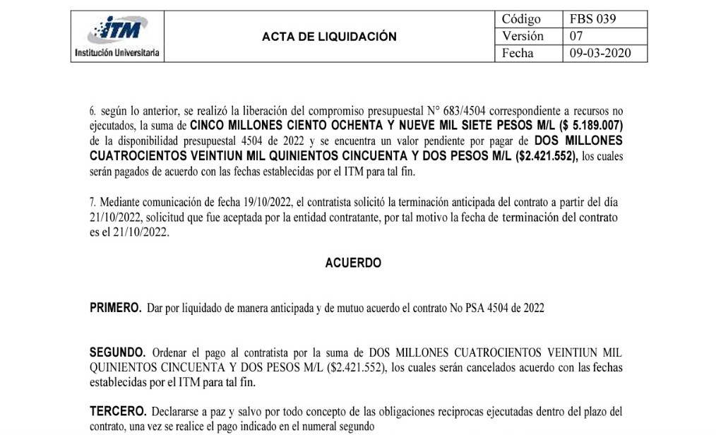 santi_perdomo_m's tweet photo. No senador, aunque agradecemos su solidaridad, la verdad es que nuestra renuncia se presentó respetando los términos de ley. Le pido el favor que no me compare con usted. El tweet que usted cita hace una FALSA acusación en mi contra. En el año 2022 laboré como profesional contratista en el ITM hasta el 21 de octubre del 2022 y mi último pago del mes de octubre fue por solo 21 días por un valor de $2.421.552 pesos. Aquí dejo todos los soportes de la renuncia y el pago.

Así, respetando siempre la Ley:

1) Renuncié a mi contrato con más de una semana de antelación, desde el 21 de octubre de 2022, siendo la fecha límite el 29 de octubre de 2022. 

2) No cobré un solo peso de más. En el mes de octubre de 2022 se me pagó $2.421.552 pesos por 21 días, cuando mi asignación mensual normal era de $3.459.360 pesos.