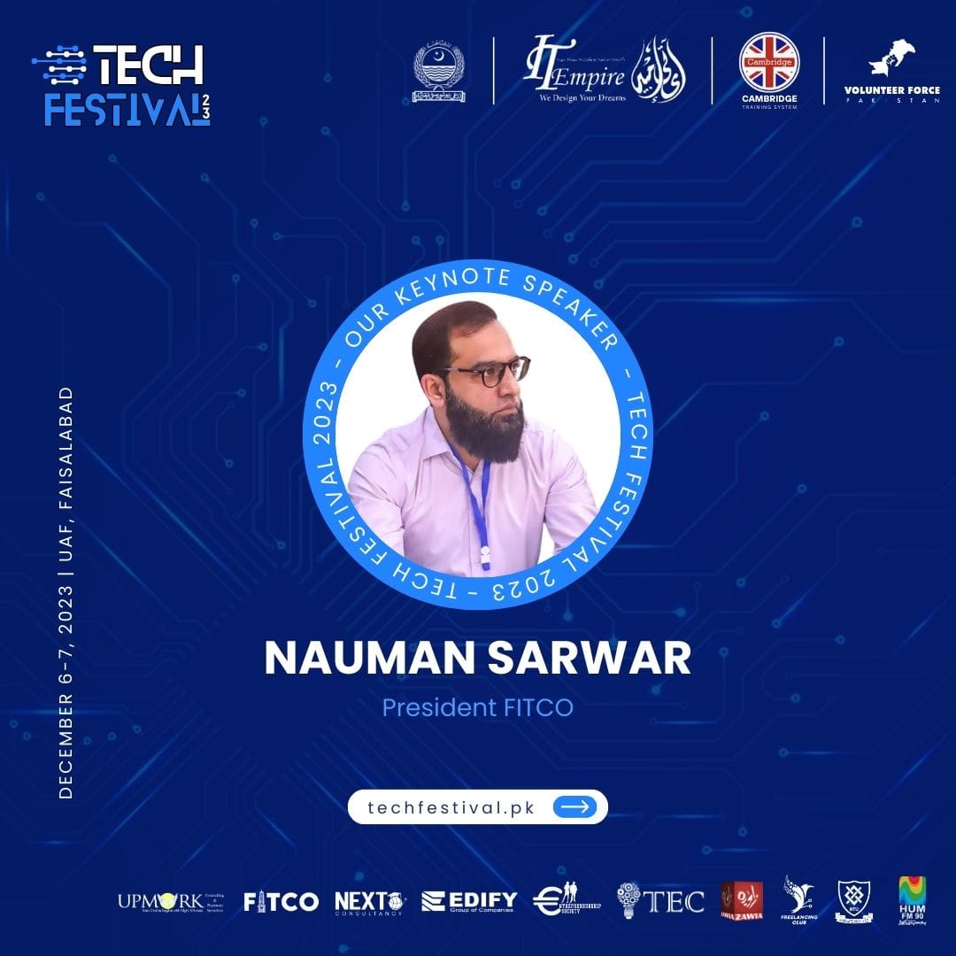TechFest23's tweet photo. Meet 𝐌𝐫. 𝐍𝐚𝐮𝐦𝐚𝐧 𝐒𝐚𝐫𝐰𝐚𝐫, featured as a 𝐊𝐞𝐲𝐧𝐨𝐭𝐞 𝐒𝐩𝐞𝐚𝐤𝐞𝐫 at #TechFestival. Mr. Nauman is the President of FITCO. Register yourself now‼️
➡️ Speakers
https://t.co/vxpRLXUhZZ
➡️ Participants
https://t.co/KQnBHb2Y7Y
➡️ Ambassadors
https://t.co/JFEgiW7vQJ https://t.co/fvuDyNgx1s