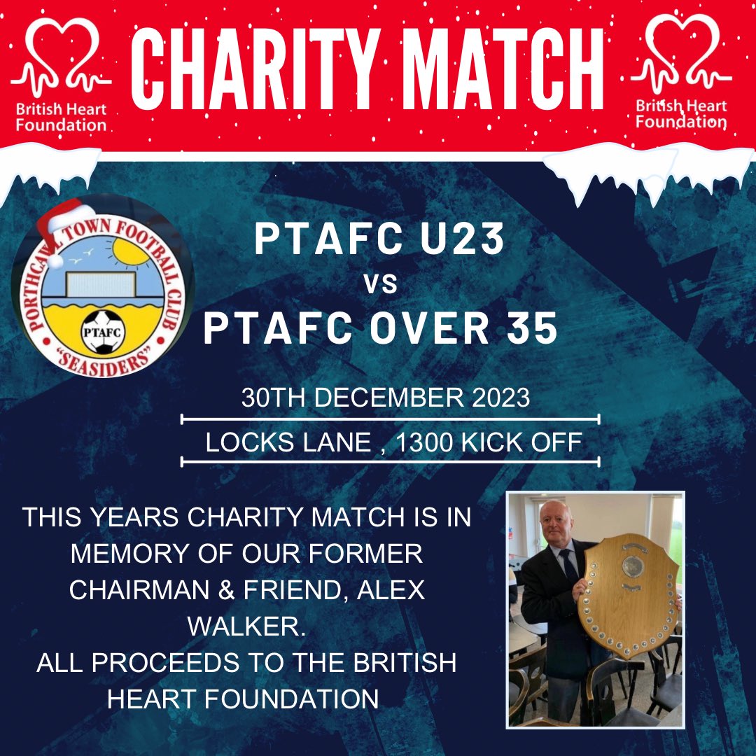 📢 This years charity game is being held in memory of our former chairman, Alex Walker! 

All proceeds from the day will be donated to the British Heart Foundation ❤️

It’s going to be a great day, for an even better cause, any support will be appreciated!

#UppaTown #PTAFC