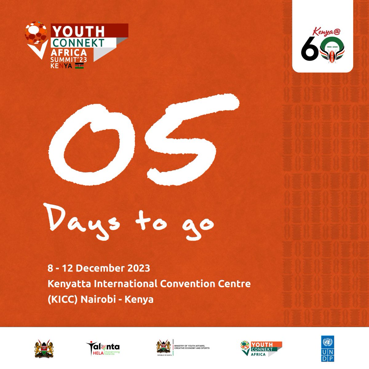 UNDPKenya's tweet photo. 📢 5 days to go! 

The #YouthConnektSummit is almost here! 
Don't miss out on the opportunity to connect, network, innovate &amp; join fellow African youth at the summit starting 8th Dec 2023.
#YouthConnektAfrica2023
#YCA2023

Get event details on:https://t.co/AHl6DV7vdb https://t.co/ol2Mij7HjW
