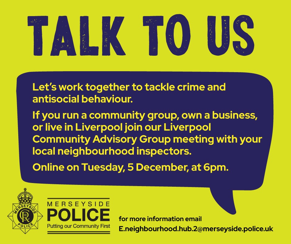 lpoolcouncil's tweet photo. Merseyside Police are looking for people to get involved in their neighbourhood forums, to help them tackle crime and anti-social behaviour. 

The next one is online on 5 December at 6pm. Email E.neighbourhood.hub.2@merseyside.police.uk for details. https://t.co/ccpwbmH0NO